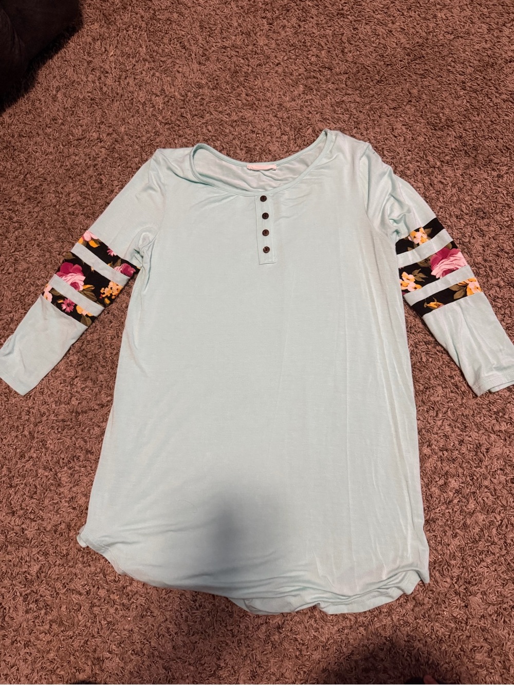 Women Light Blue Henley Tunic with Floral Sleeve Stripes